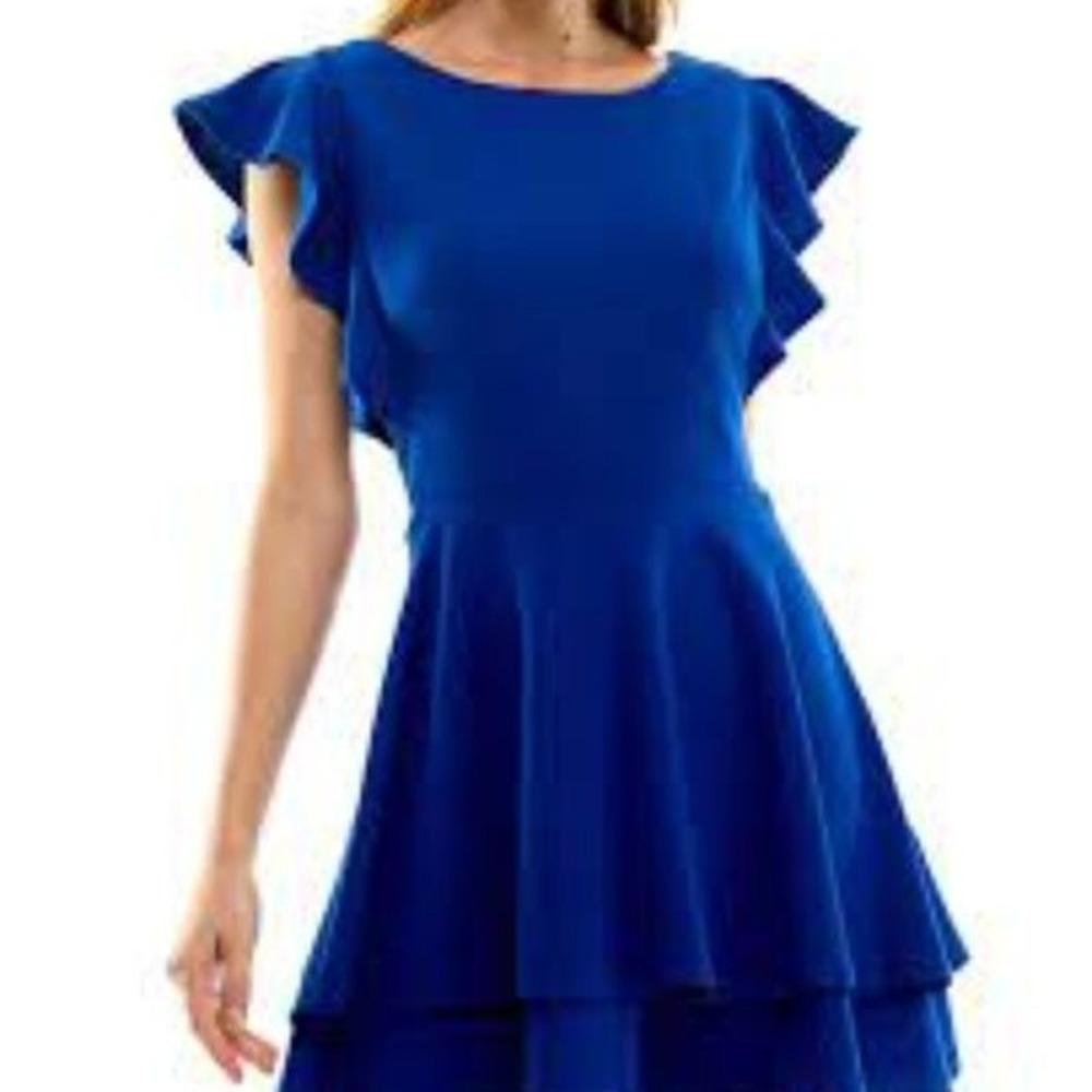 CRYSTAL DOLLS Juniors' Ruffle-Sleeve Fit & Flare Dress Navy Blue